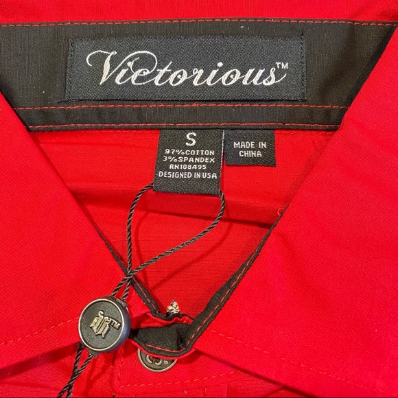 Victorious Men’s Embroidered Button Down Shirt with Rhinestones Size S Red - Picture 7 of 9